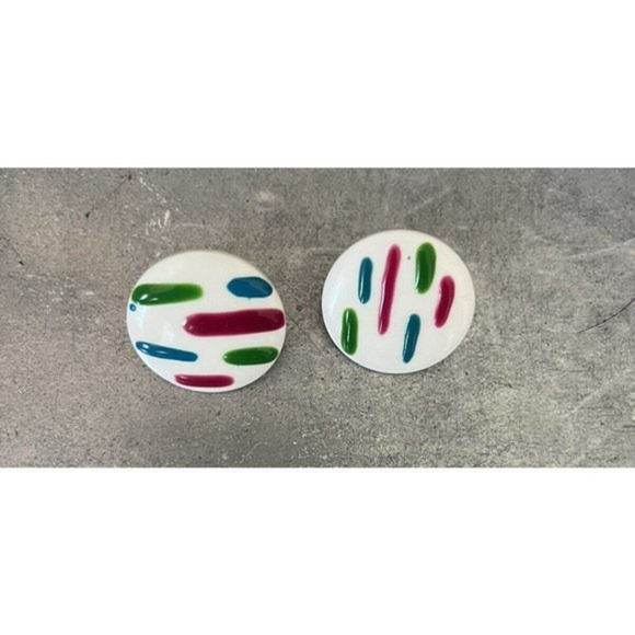 Vtg 80s Pierced‎ Earrings Plastic Round White Green Teal Purple Gemstone Colors - Picture 1 of 4